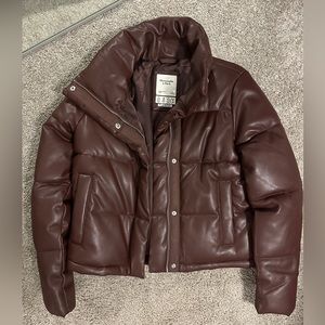 Abercrombie & Fitch Vegan Leather Crop Puffer Jacket Brown